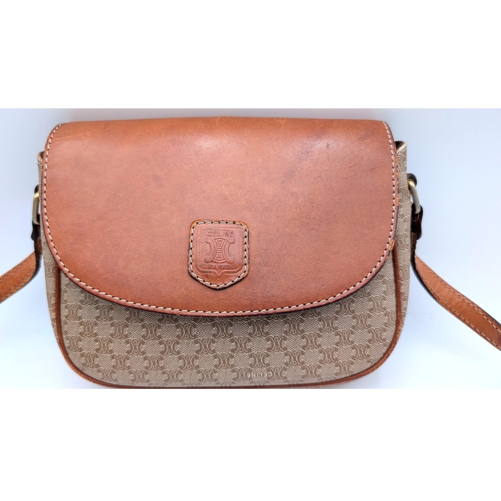 Celine Vintage Macadam Triomphe Crossbody Bag Tan Coated Canvas Leather Flap